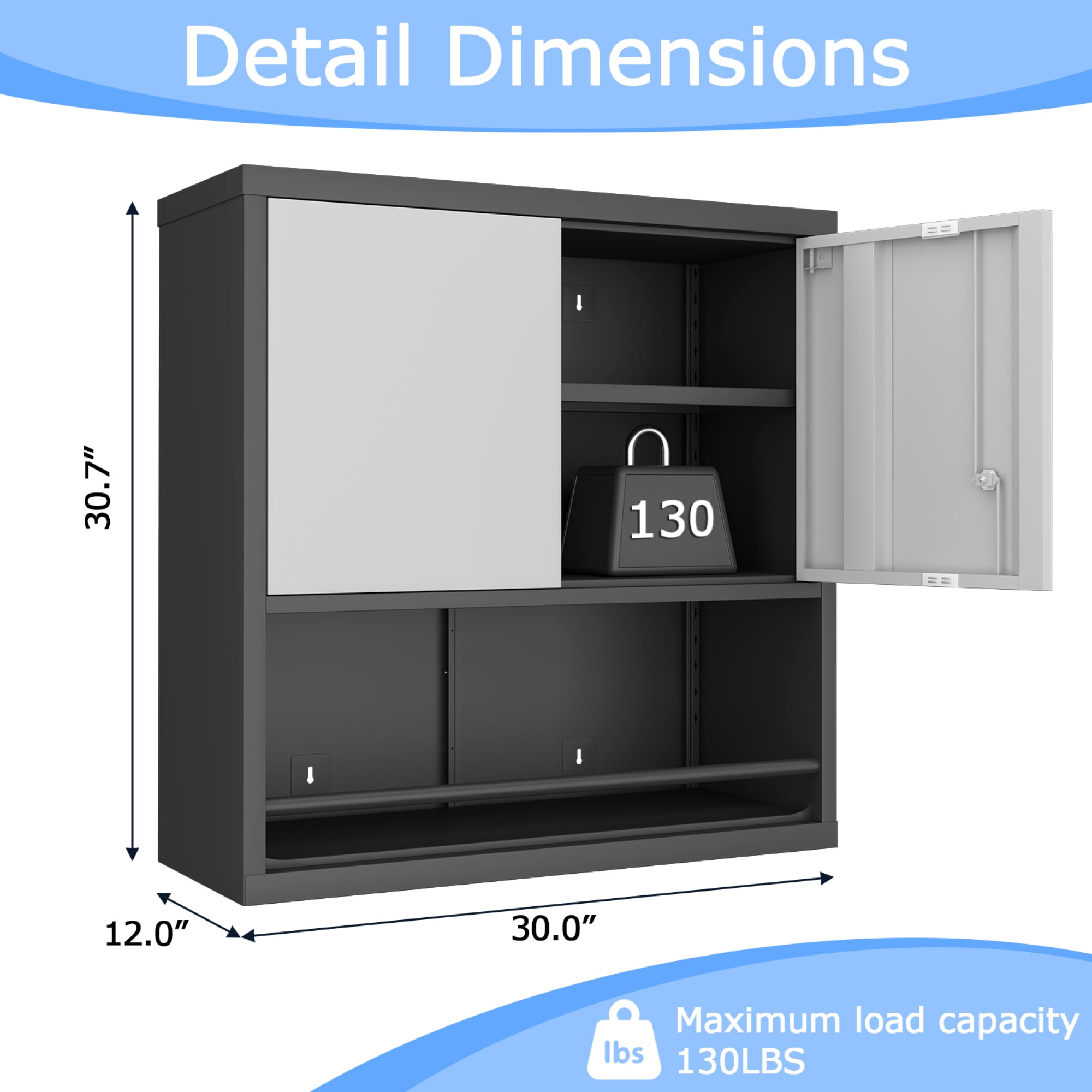 Kitchen Pantry Cabinet with Adjustable Shelves & 2 Doors,Metal Storage Cabinet with Locker for Kitchen,Living Room,Dining Room,Office,Black+Grey