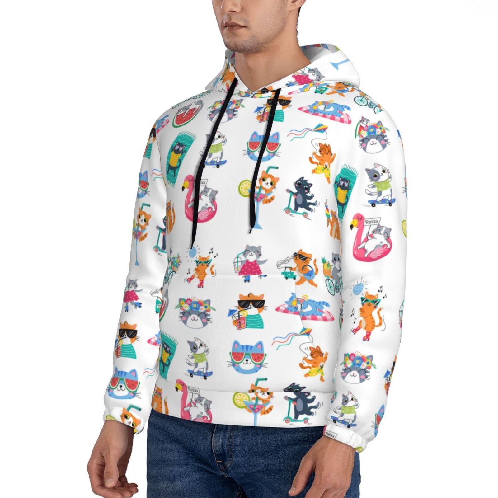 Picia Hello Summer Cat Pattern Casual Men's Hoodie - Lightweight Hooded Sweatshirt with Kangaroo Pocket, Comfortable Pullover for Everyday, Travel-3X-Large