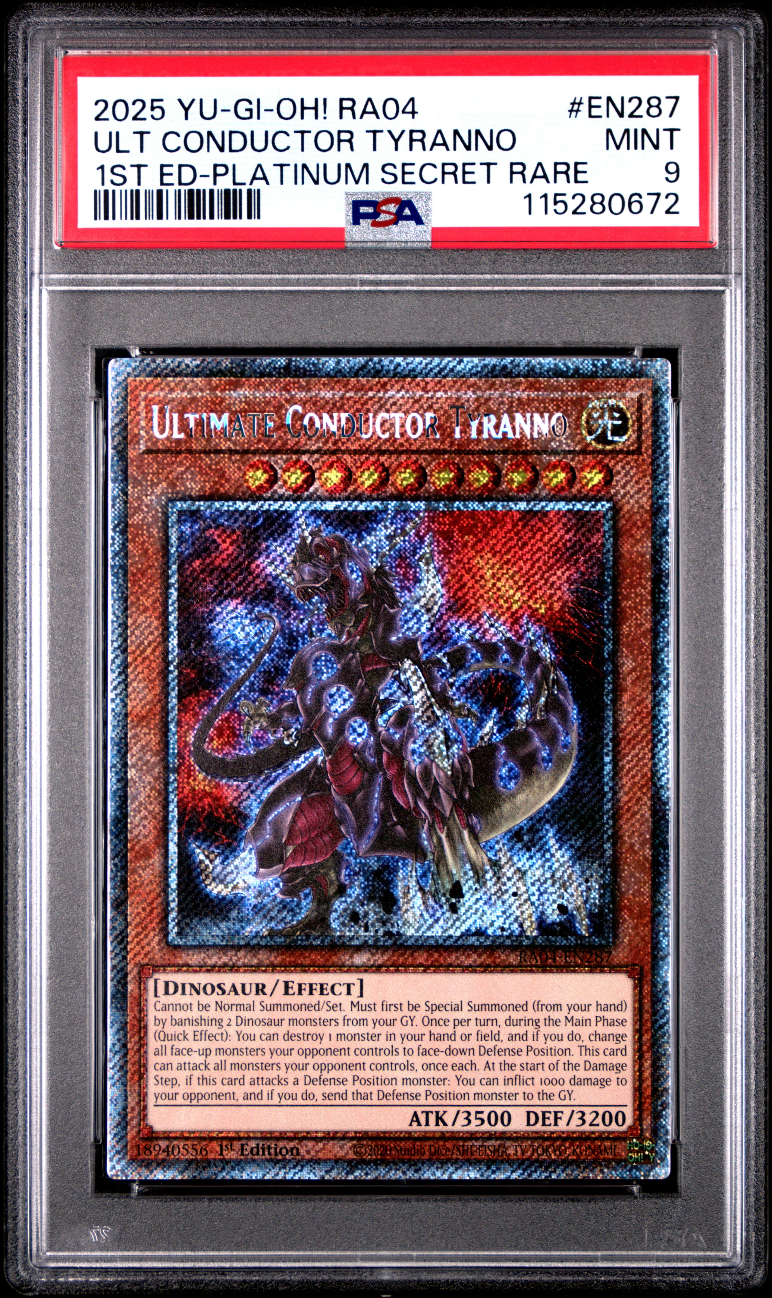 Yu Gi Oh! TCG, PSA Graded 9 MINT, Ult Conductor Tyranno 1St Ed Platinum Secret Rare #EN287, Ra04 Quarter Century Stampede, Fully Encapsulated Bundle with Compatible Yu Gi Oh! Hard Sealed Case