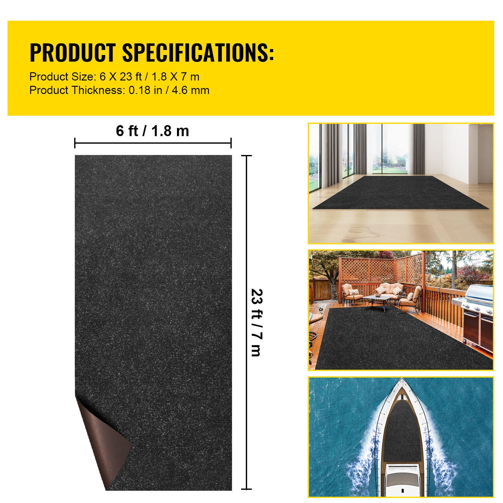 KFFKFF 6 ft x 23 ft Charcoal Black Marine CarpetGrade Carpet for Boats with Waterproof Back Outdoor Rug for Patio Porch Deck Garage Outdoor Area Rug Runner Non-Slide Porch Rug