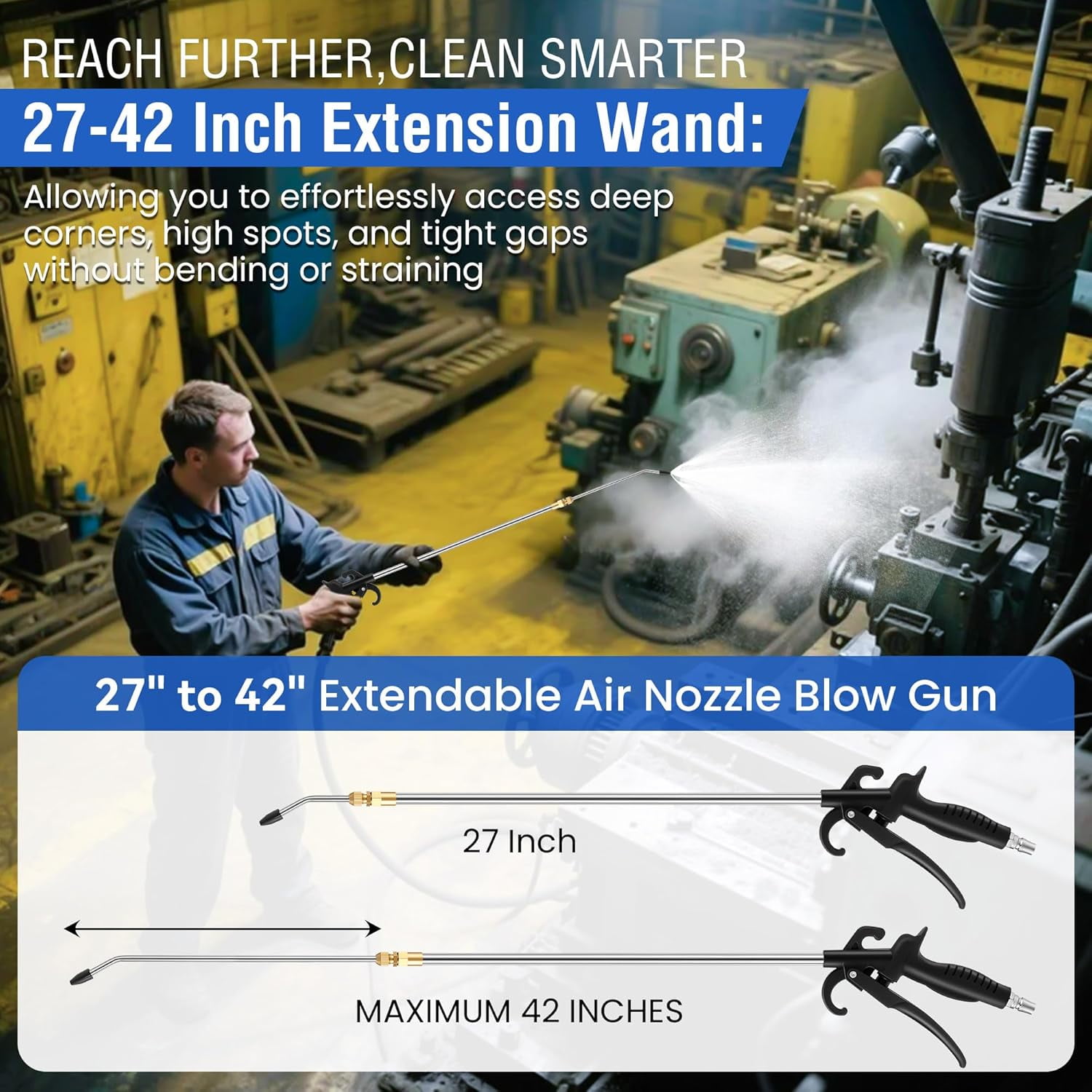 High Pressure Air Blow Gun, 27-42 Inch Extension Long Air Nozzle Blower Wand with 1/4" NPT Inlet & Lever Grip, Heavy Duty Industrial Blow Gun Pneumatic Tool for Radiator Compressor Attachments
