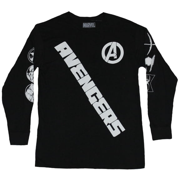 The Avengers Mens Lon Sleeve T-Shirt- Slanted Name Symbol Sleeves Image (X-Small)