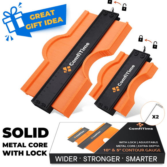 ComfiTime Calibre de Contorno con Cerradura | Paquete de 2 Herramientas de Perfilado de Calibre de Contorno de 10 y 5, Pasadores un 50 % Más Largos para Duplicación de Contornos Profundos