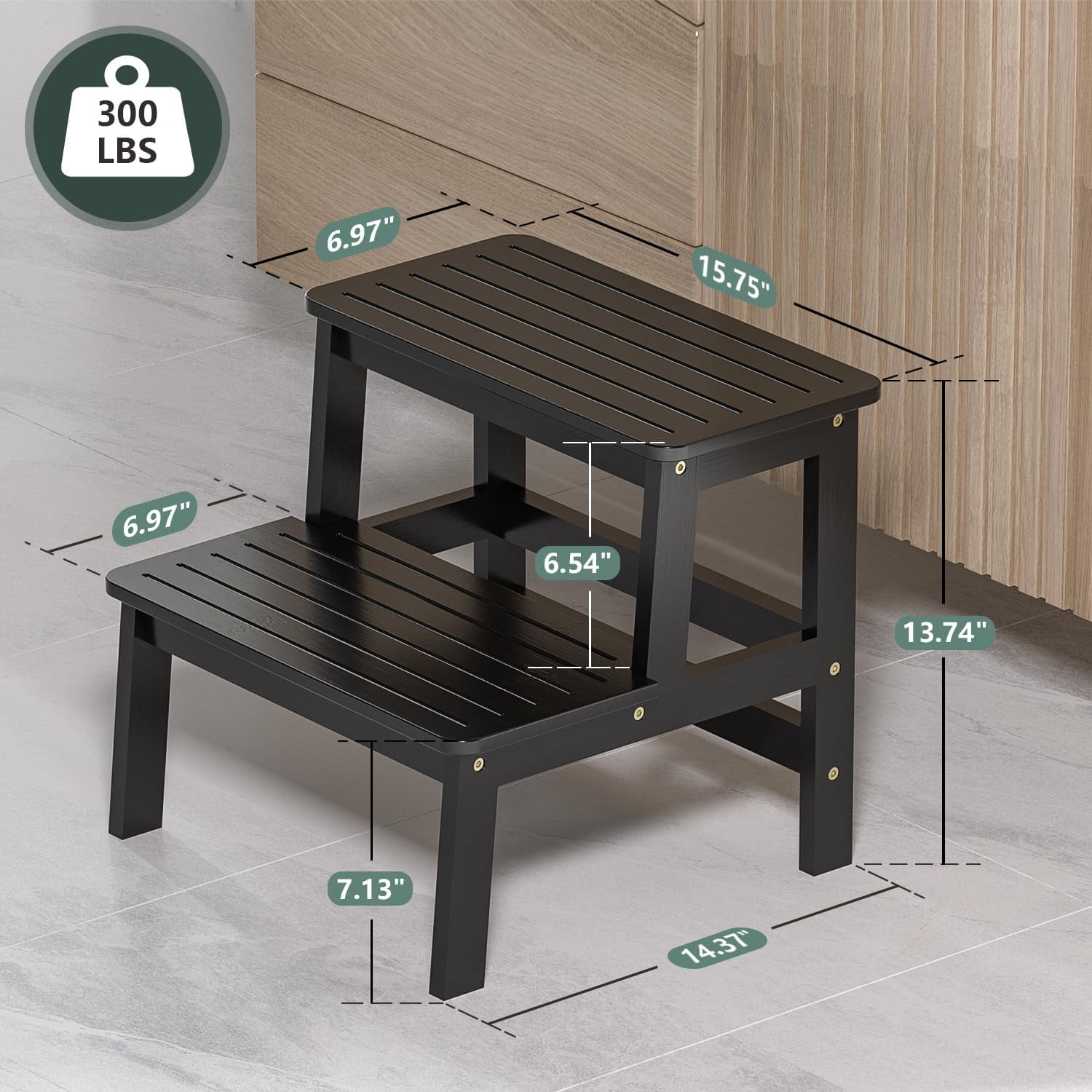 Bambloom Bamboo 2-Step Stool, 300 lb Capacity, Black photo 3