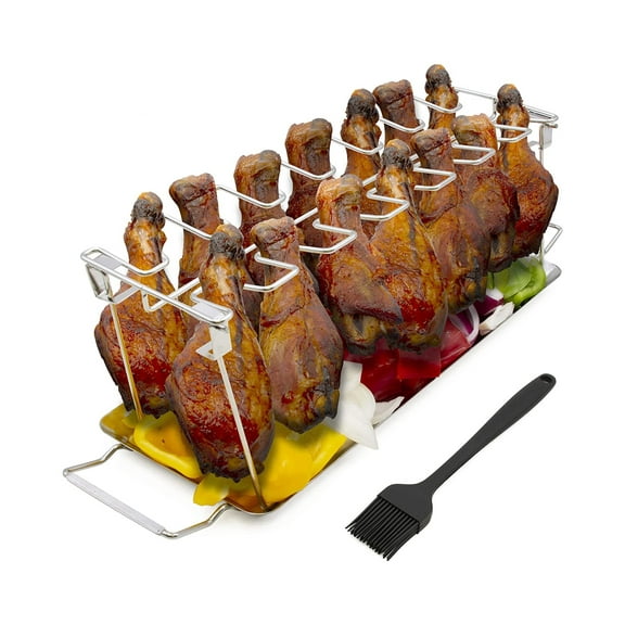 CASEMATIX Chicken Leg Rack and Chicken Wings Grill Rack with 14 Slots, Drip Tray and Basting Brush
