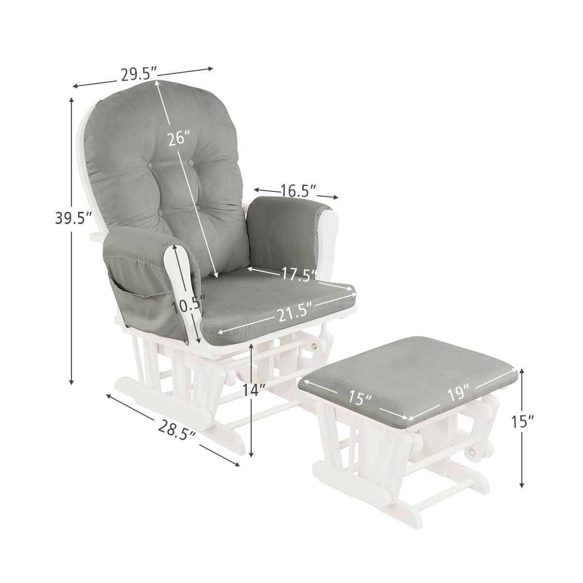 Topbuy Rocking Chair Baby Nursery Chair Glider with Ottoman &Storage Pocket Light Grey