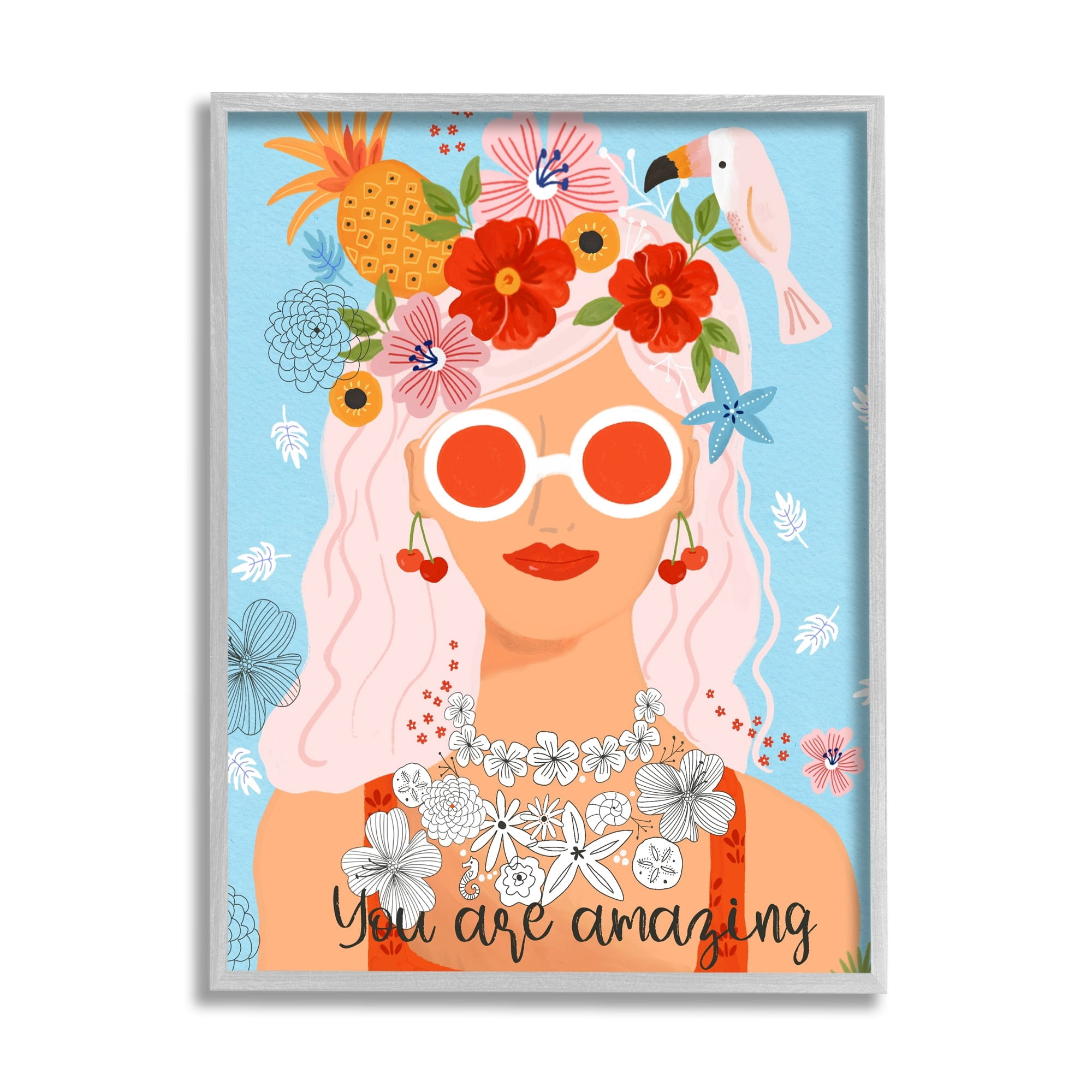 Stupell Industries You Are Amazing Motivational Floral Woman Portrait Graphic Art Gray Framed Art Print Wall Art, Design by Sharon Lee