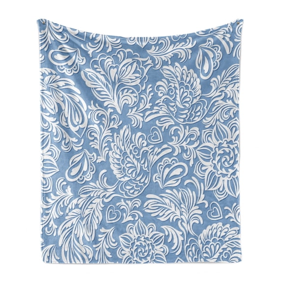 Phoenix Soft Flannel Fleece Throw Blanket, Baroque Style Bird in Classic Rococo Swirls Leaf Damask Print, Cozy Plush for Indoor and Outdoor Use, 70" x 90", Pale Azure Blue White, by Ambesonne