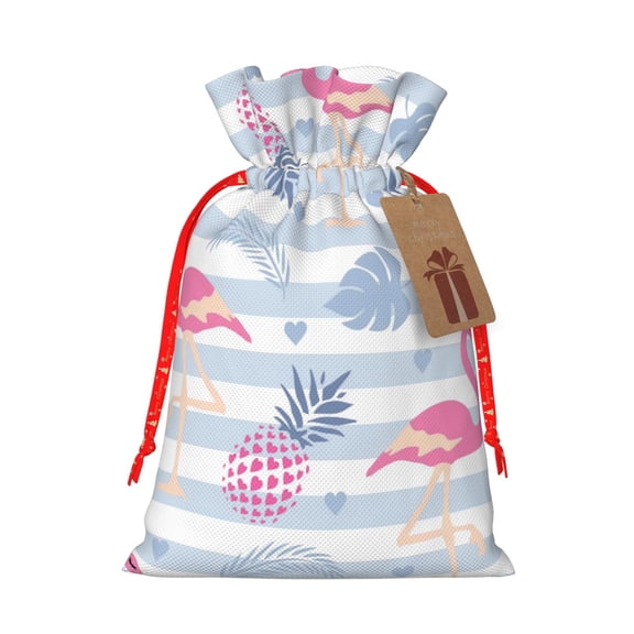 Fuzoiu Flamingo and Pineapple Print Christmas Gift Bag,Burlap Gift Bag with Drawstring Closure & Hang Tag,Perfect for Holidays, Birthdays, and Special Occasions-Small
