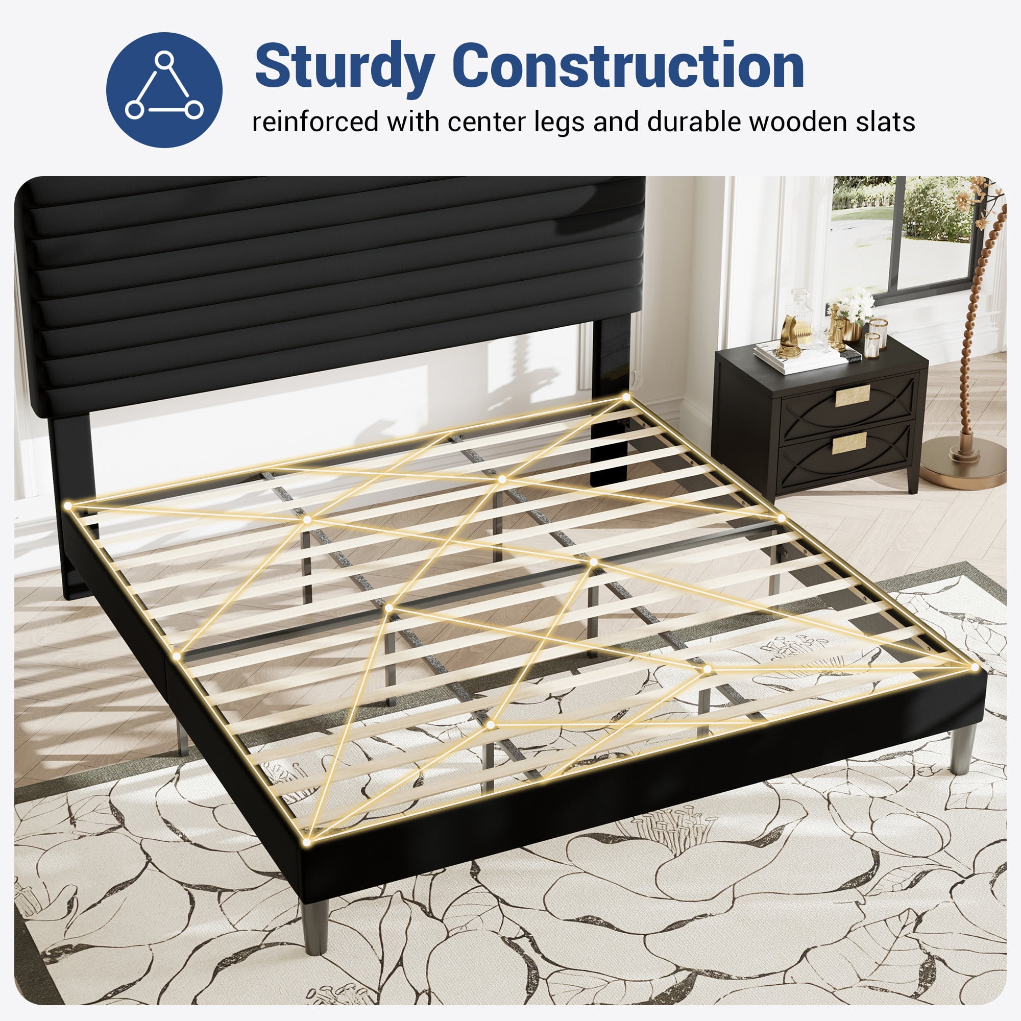 Allewie King Size Adjustable Headboard Bed Frame with 7.9'' Underbed Storage, No Box Spring Needed, Black