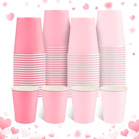 100 Pack Pink Paper Cups, 9oz Valentine's Day Paper Cup Gradient Disposable Party Cups, Drinking Cup for Anniversay Wedding Birthday Baby Shower Tea Party Supplies