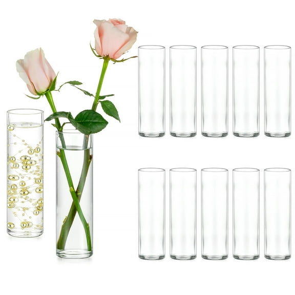 Glasseam Set of 12 Clear Glass Cylinder Bud Vases: Tall Skinny Minimalist Vases for Single Flowers, Perfect for Weddings, Birthdays, Bridal Showers, and Party Table Decor