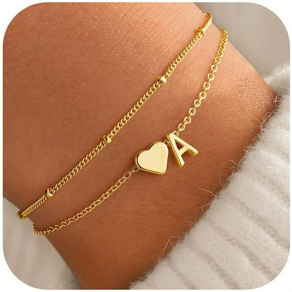 Turandoss 14K Gold Plated Dainty Charm Stack Initial Heart Link Beaded Bracelet for Women Letter A-Z Jewelry Personalized Easter Birthday Gift for Women Girls