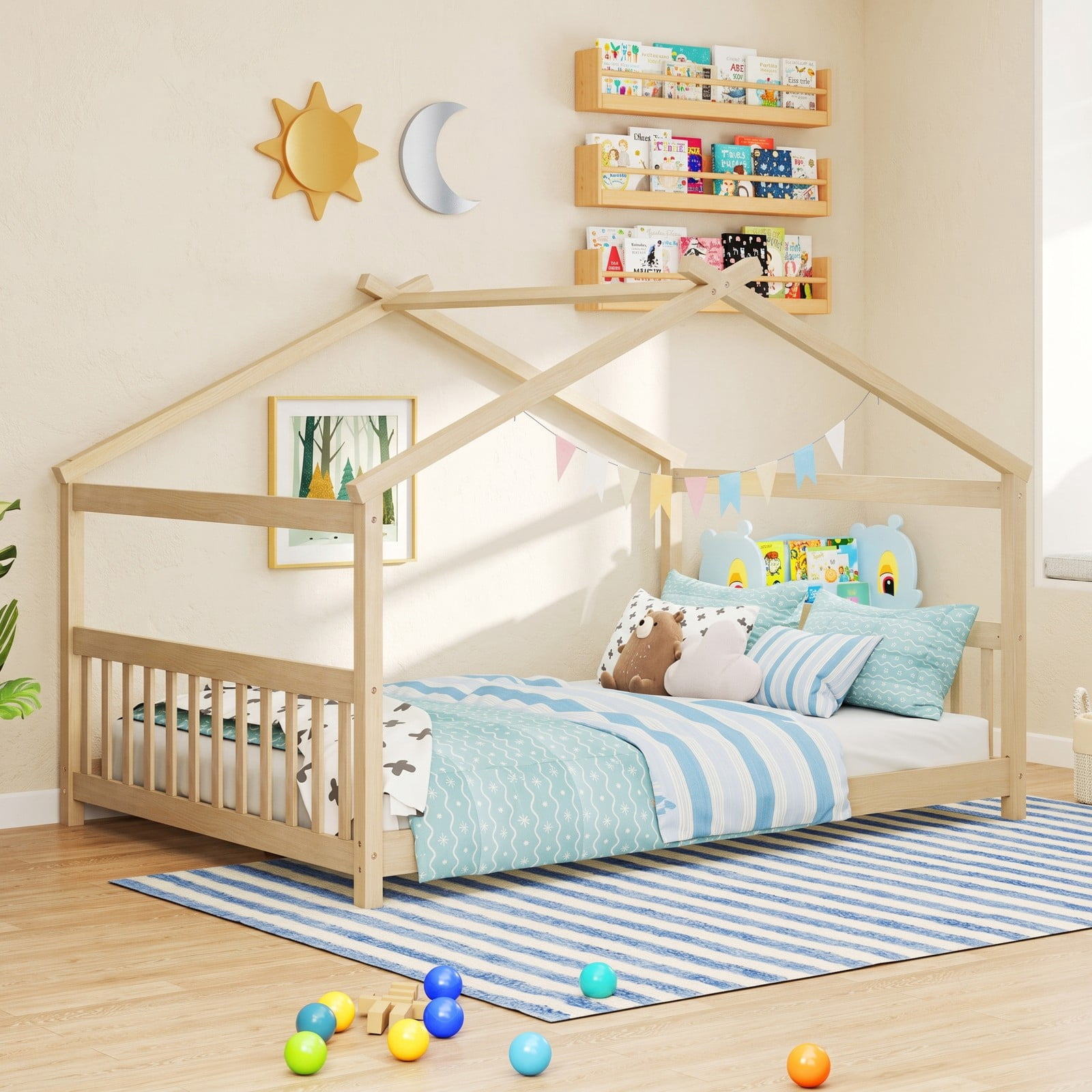 Furnibear Full Size House Bed Montessori Floor Bed with Peaked Roof and Guardrails, Wood Slat Platform Floor Bed for Kids Room, Natural