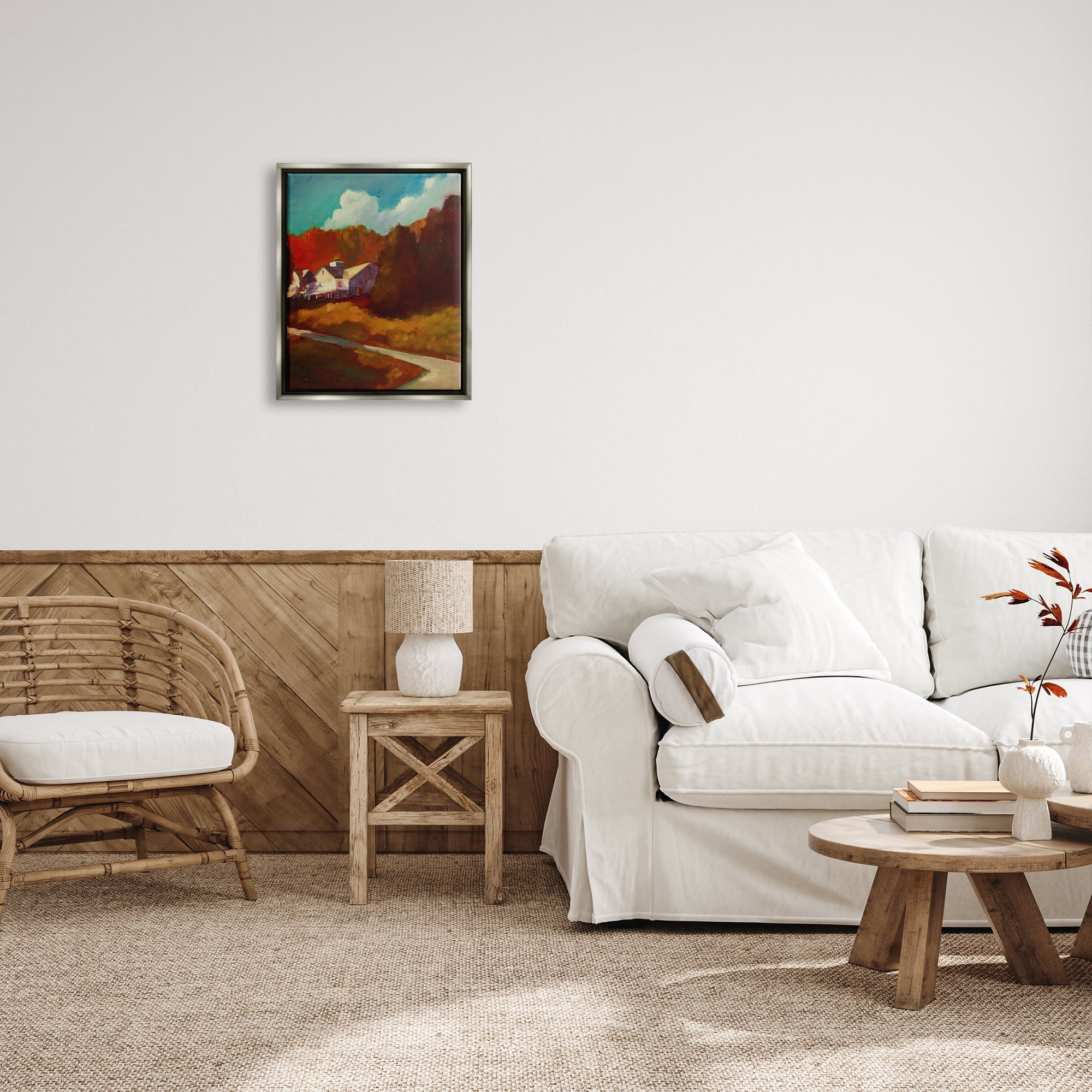 Stupell Industries Autumn Foliage Landscape Nature Painting Gray Floater Framed Art Print Wall Art, 17 x 21