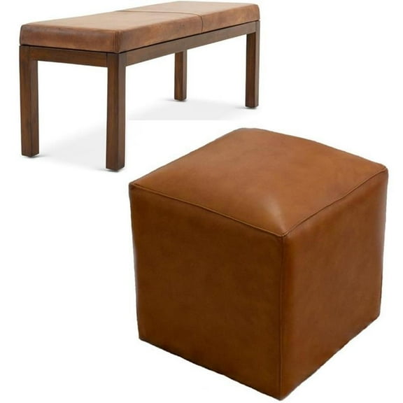 Home Square 2 Piece Furniture Set with Genuine Leather Bench and Ottoman