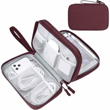 Electronic Organizer Large Travel Cable Organizer Bag Pouch Electronic Accessories Carry Case Portable Waterproof Double Layers All-in-One Storage Bag for Cable Cord Charger Phone Wine Red