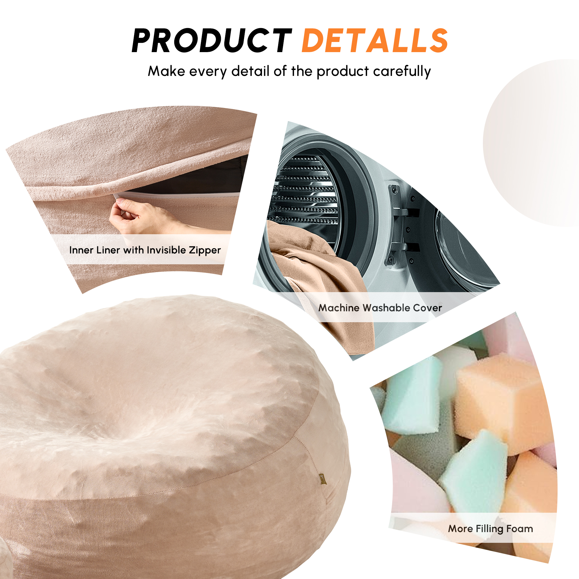 Vcatnet 59" Oversized Bean Bag Chair for Adults with Ottoman Giant Bean Bag Sofa Couch with Memory Foam Upholstered Lazy Floor Sofa for Living Room Bedroom, Beige