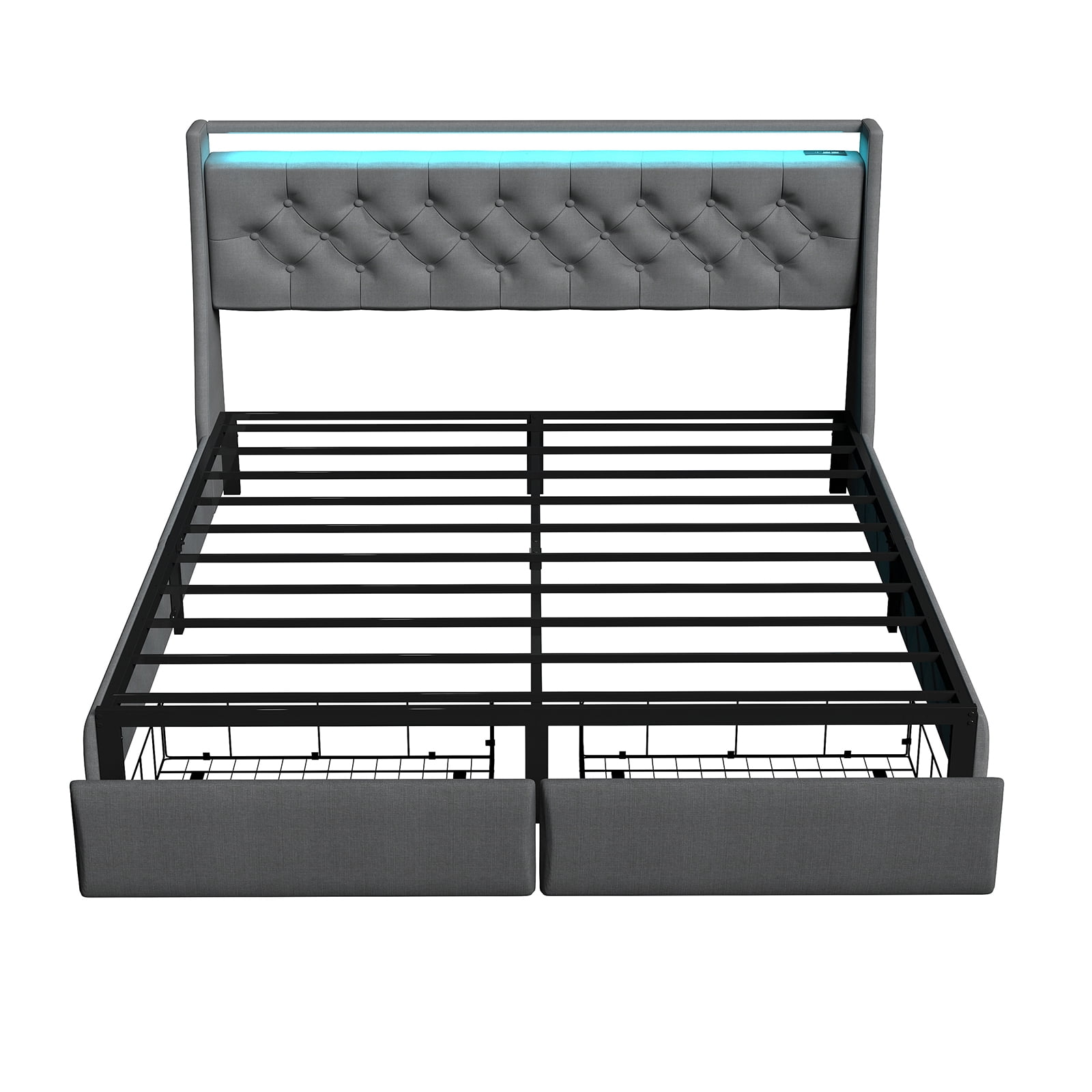 Mintazer Full Size Tufted Upholstered Storage Bed Frame with LED Light & Charging Station, Platform Bed Frame with 2 Foot Drawers, No Box Spring Required, Grey