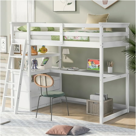 JERFIT Twin Loft Bed with Desk, Shelves and Drawers, White
