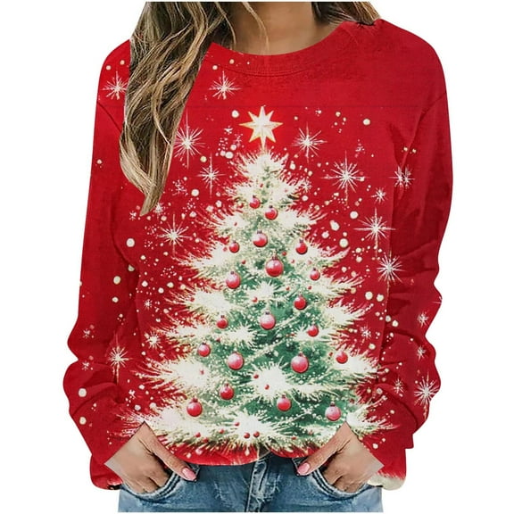Lorytime Sweatshirts for Women Crewneck Christmas Tree Print Shirt Long Sleeve Pullover Loose Tops for Holiday