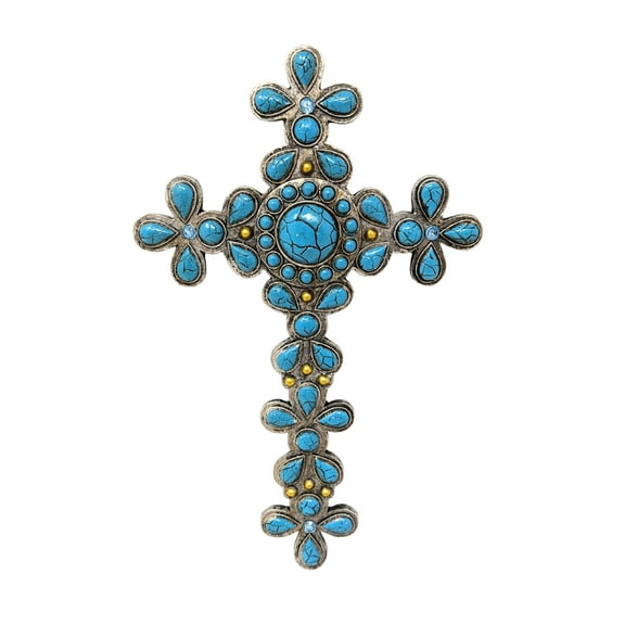 Rustic Southwest Turquoise Wall Cross – Silver Gem Accents – Western Religious Decor for Living Room, Office, or Entryway – Great Rustic Gift for Home or Holiday