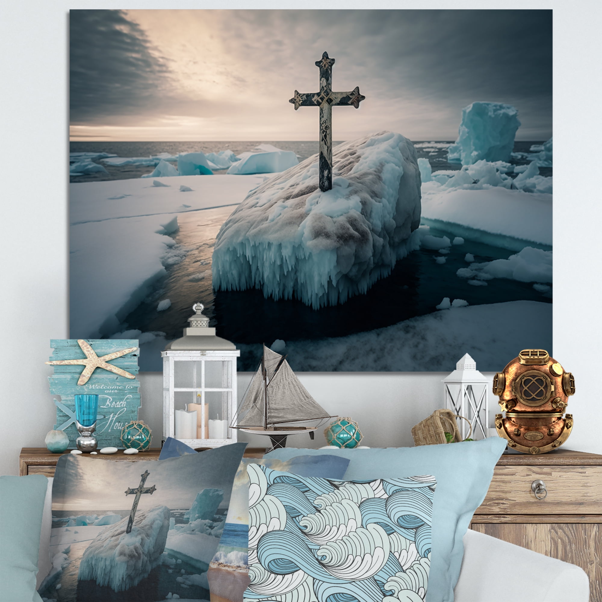 Designart Religious Cross In The Arctic Ocean II Canvas Wall Art