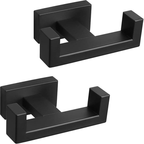 2 Pack (Matte Black) Bath Double Towel Hook- SUS304 Stainless Steel Square Robe Towel Holder, Heavy Duty Rustproof Double Coat Hook for Bathroom Livin