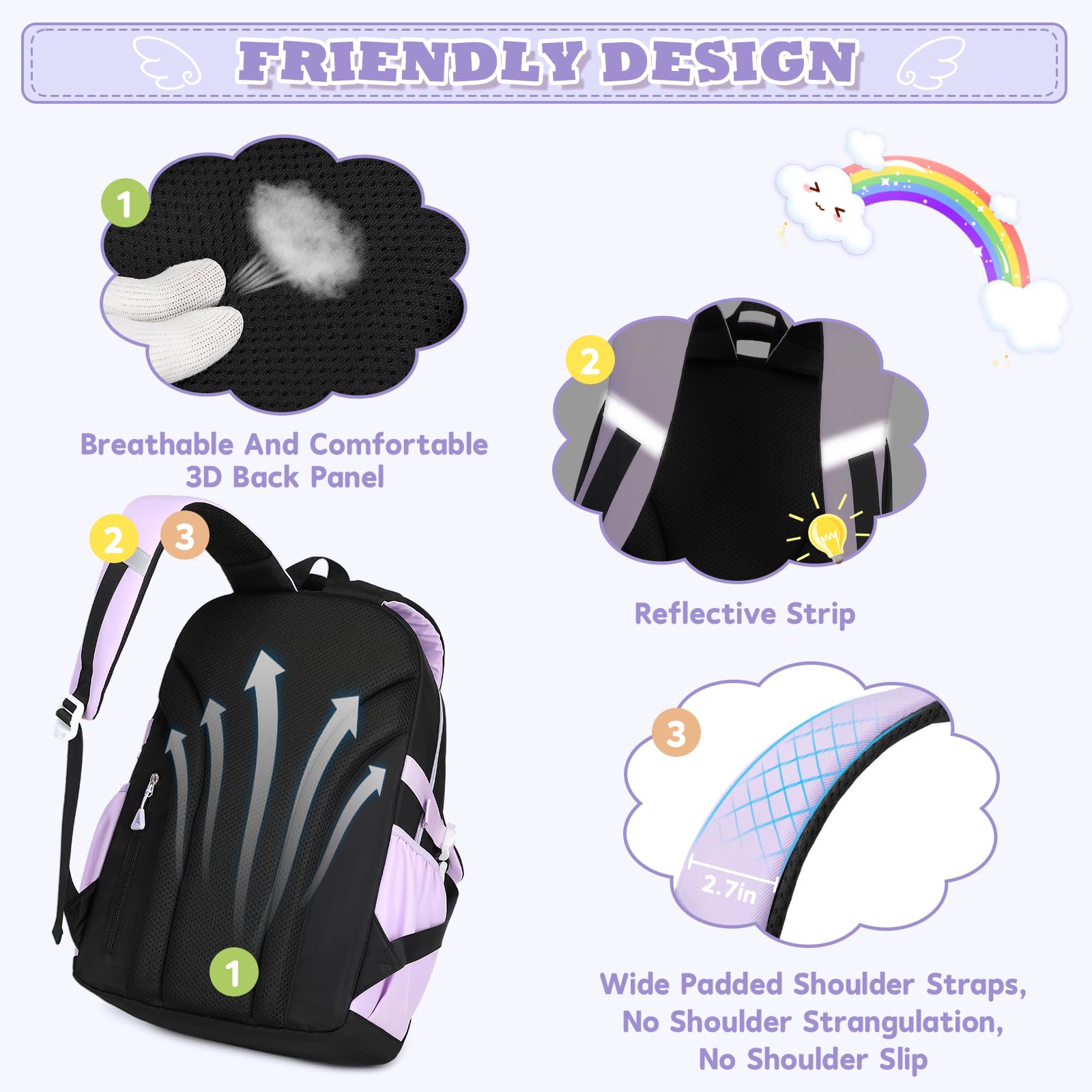 Set de 3 mochilas para niñas con lonchera y cartuchera, mochilas para primaria y secundaria, linda kawaii de gran capacidad con tira reflectante, negro y morado 5