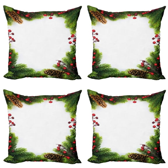 Ambesonne Christmas Throw Pillow Cover 4 Pack, Xmas Frame Pine Cones, 24", Green Brown Red