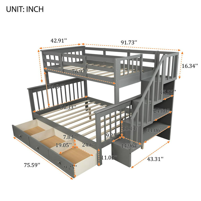 Twin Over Full Bunk Bed with Storage Drawers and Stairs, Wood Bunk