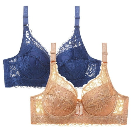 WREESH Womens 2 Pack Lace Bralette Push Up Soft Padded Wireless Plunge Bra Adjustable Strap Comfortable Everyday Bra Underwear Blue