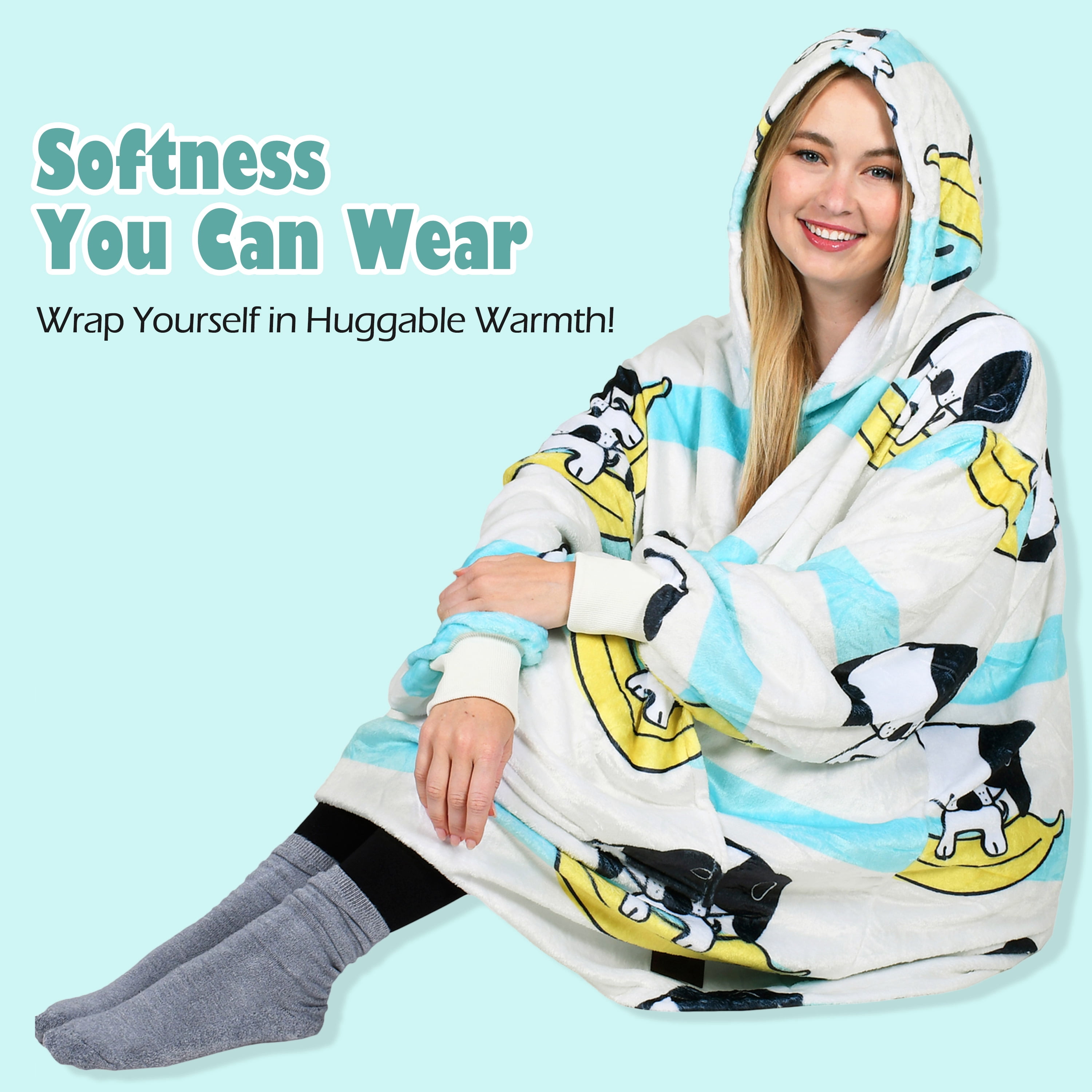 Catalonia Banana Dog Printed Oversized Blanket Hoodie Sweatshirt, Wearable Fleece Pullover for Adults Men Women