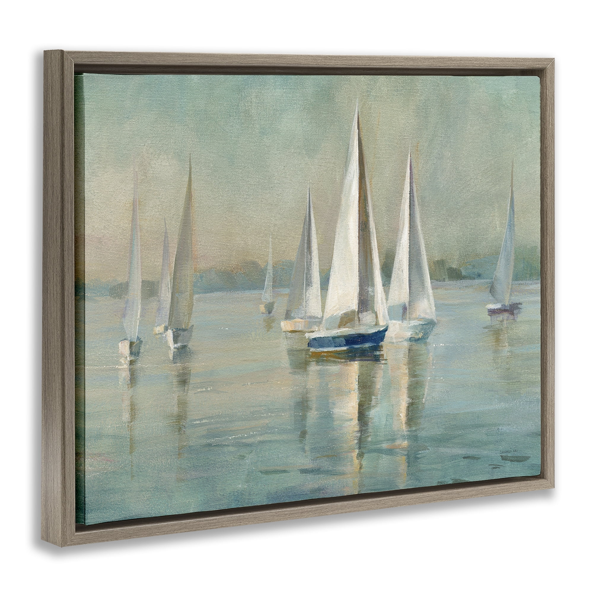 Stupell Industries Sailboats at Sunrise Nautical & Beach Painting Brown Floater Framed Canvas Art Print Wall Art, 31 x 25