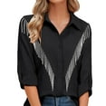 thumbnail image 1 of Chemise Western à Franges en Strass pour Femmes Haut Boutonné Scintillant avec Manches 3/4 Roulées pour Tenue de Concert, 1 of 7