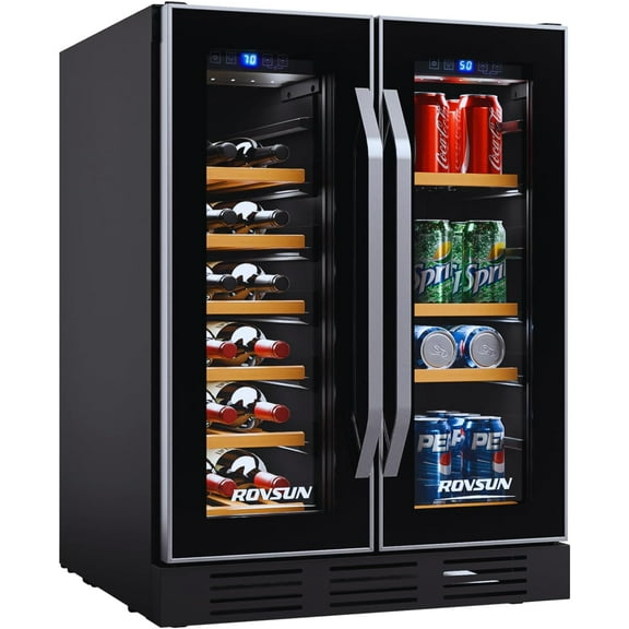 TUFFIOM 34 Bottles Dual Zone Wine Cooler, Beverage Cooler Refrigerator, 24'' Wine Chiller with Glass Door & Digital Temperature Control, Freestanding or Built-in Wine Fridge for Wine, Champagne, Beer