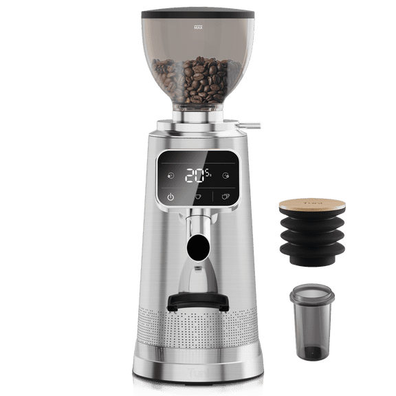 Tuni G3 64mm Flat Burr Coffee Grinder, 100 Grind Settings Stainless Steel Electric Espresso Grinder with Single Dose Set | Commercial Grade Precision, Touchscreen | Anti-Static Tech (Silver)