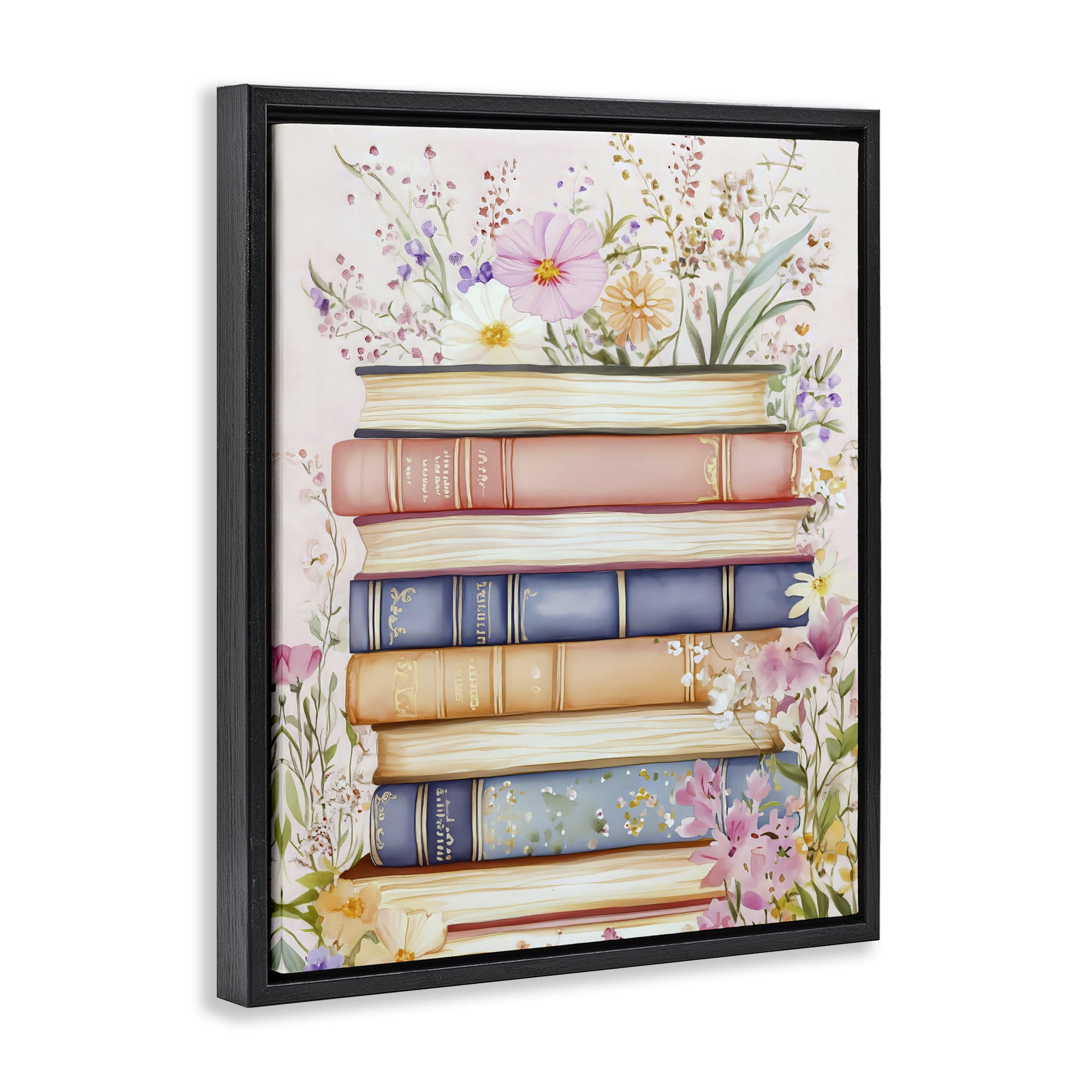 Stupell Industries Blooming Bookstack in Pastels Black Framed Floater Canvas Wall Art, design by LSR Design Studio