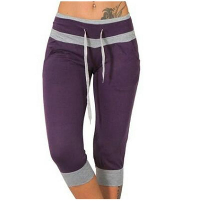 Capri Pants For Women,Sweatpants Women, Women's Summer High Waisted Solid  Color Capris Color Matching Slim Fitting Yoga Gym Pants Purple XL