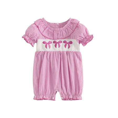 

Newborn Baby Girls Summer Easter Romper Plaid Print Short Puff Sleeve Ruffled Crew Neck Bunny Embroidery Bodysuit Easter Clothes