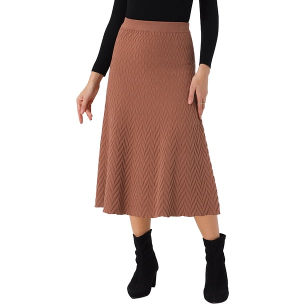 Falda midi de punto acampanada de mujer INSPIRE CHIC, con cintura alta elástica y stretchy, talla S, color caramelo