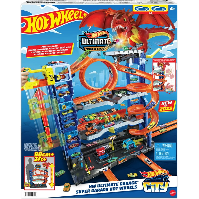 Hot Wheels City Ultimate Garage Playset with 2 Die-Cast Cars, Toy Storage  for 50+ 1:64 Scale Cars, 4 Levels of Track Play, Defeat The Dragon