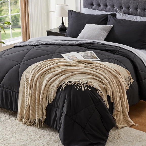 Reversible queen comforter set 7 pieces, soft microfiber bed in a bag, complete bedding set with sheets, pillow shams, perfect for year round comfort, black