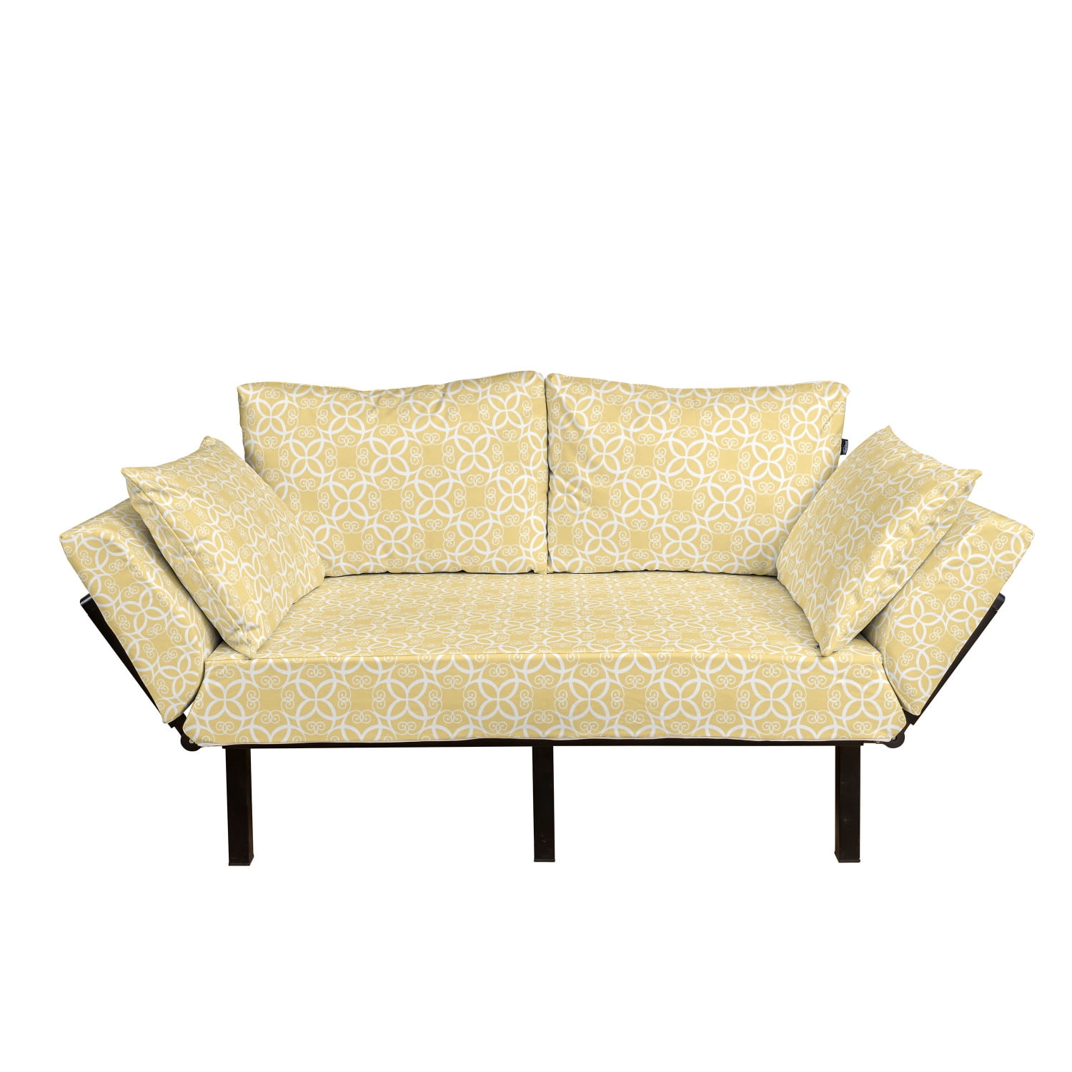 Yellow and White Futon Couch, Ornate Floral Pattern with Swirls Curls