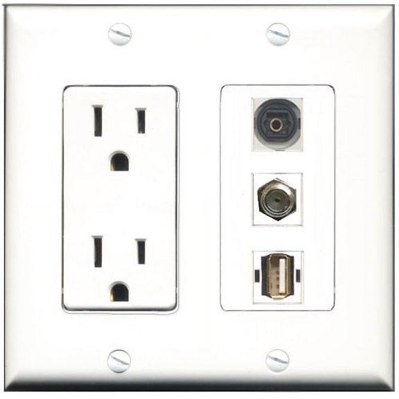 RiteAV - 15 Amp Power Outlet 1 Port Coax 1 Port USB A-A 1 Port Toslink Decorative Wall Plate
