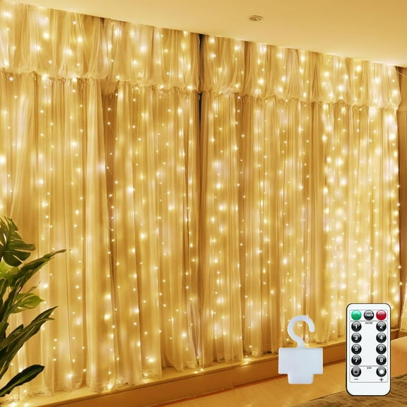 300 LED Curtain Lights, 9.8ft x 9.8ft with 8 Modes, String Hanging Lights, Remote Control, Perfect for Indoor/Outdoor Christmas, Wedding, Wall Decorations (Warm White)