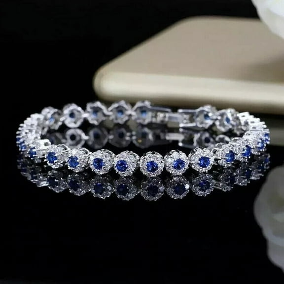 TAAPSEE JEWELS 14K White Gold Plated Round Cut Blue Sapphire & Diamond Halo Tennis Bracelet