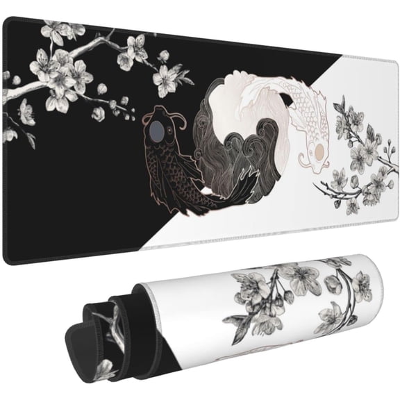 Black and White Cherry Blossom Yin and Yang Koi Extended Professional Gaming Mouse Pad 31.5x11.8inch, Non-Slip Computer Mouse Pad Waterproof Keyboard Pad Desk Mat