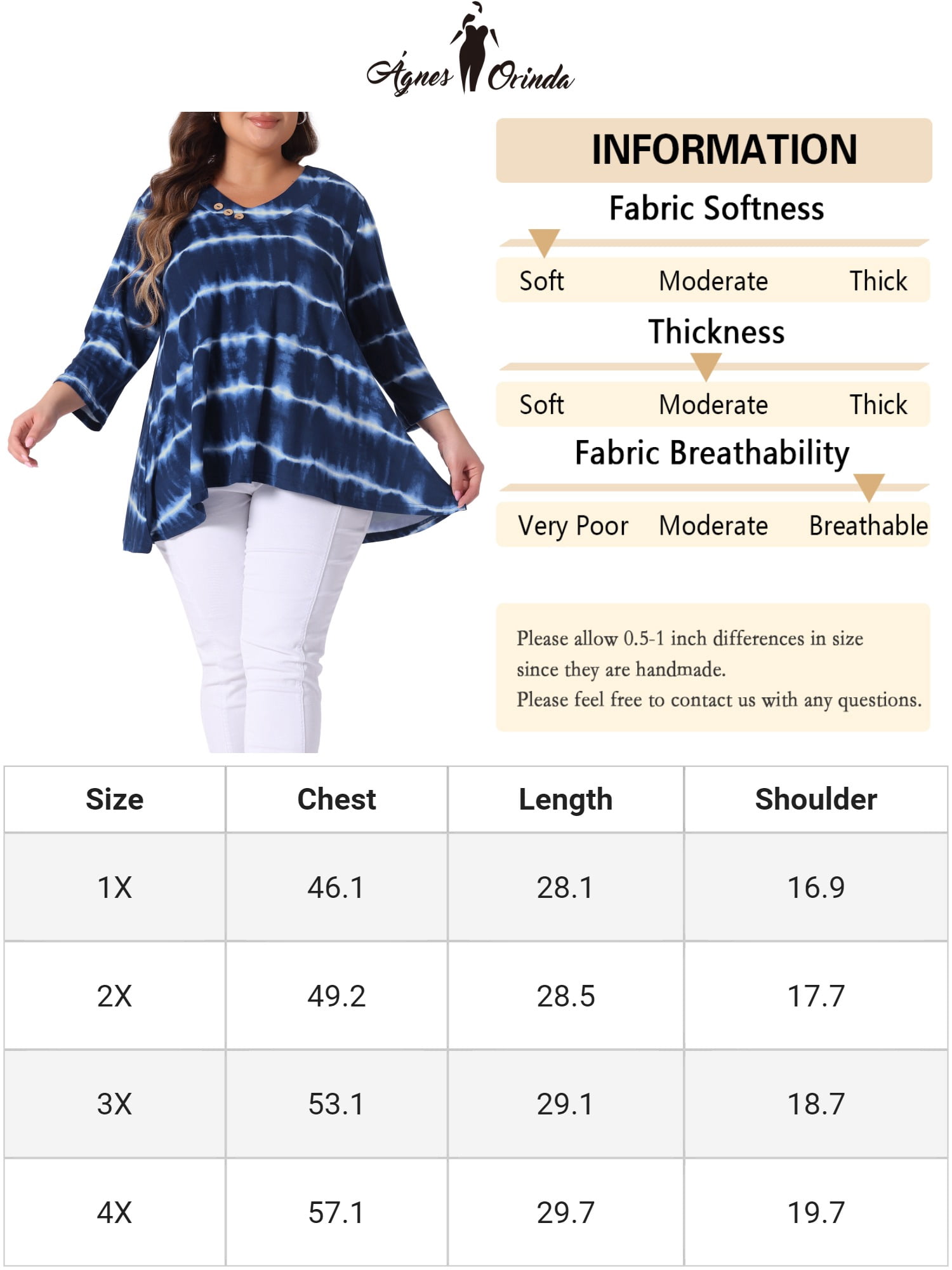 DARING DIVA Women's Plus Elbow Sleeve Blouse Tee Top Tie Dye T Shirts 4X Blue White