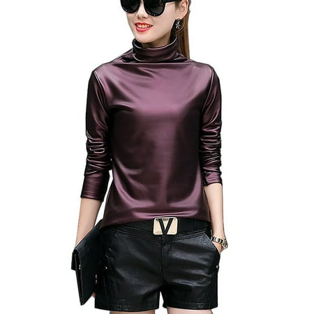 Sexy Women Pu Leather Blouse Turtleneck Long Sleeve Faux leather Wet Look Strechy T-shirt High neck Ladies Tops Plus